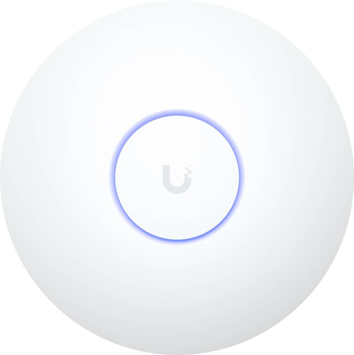 En rund, hvid Wi-Fi accesspunkt med et lille blåt lys i midten. Bogstavet 'U' vises på enheden.