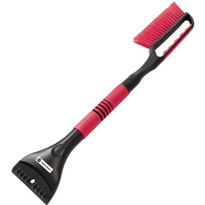 Rød og sort iskraber med en børste i den ene ende og en skrapeblade i den anden ende, designet til at rense bilruder.