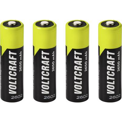 Fire gul-og-sorte Voltcraft 2602 AA genopladelige batterier stillet oprejst på rad.