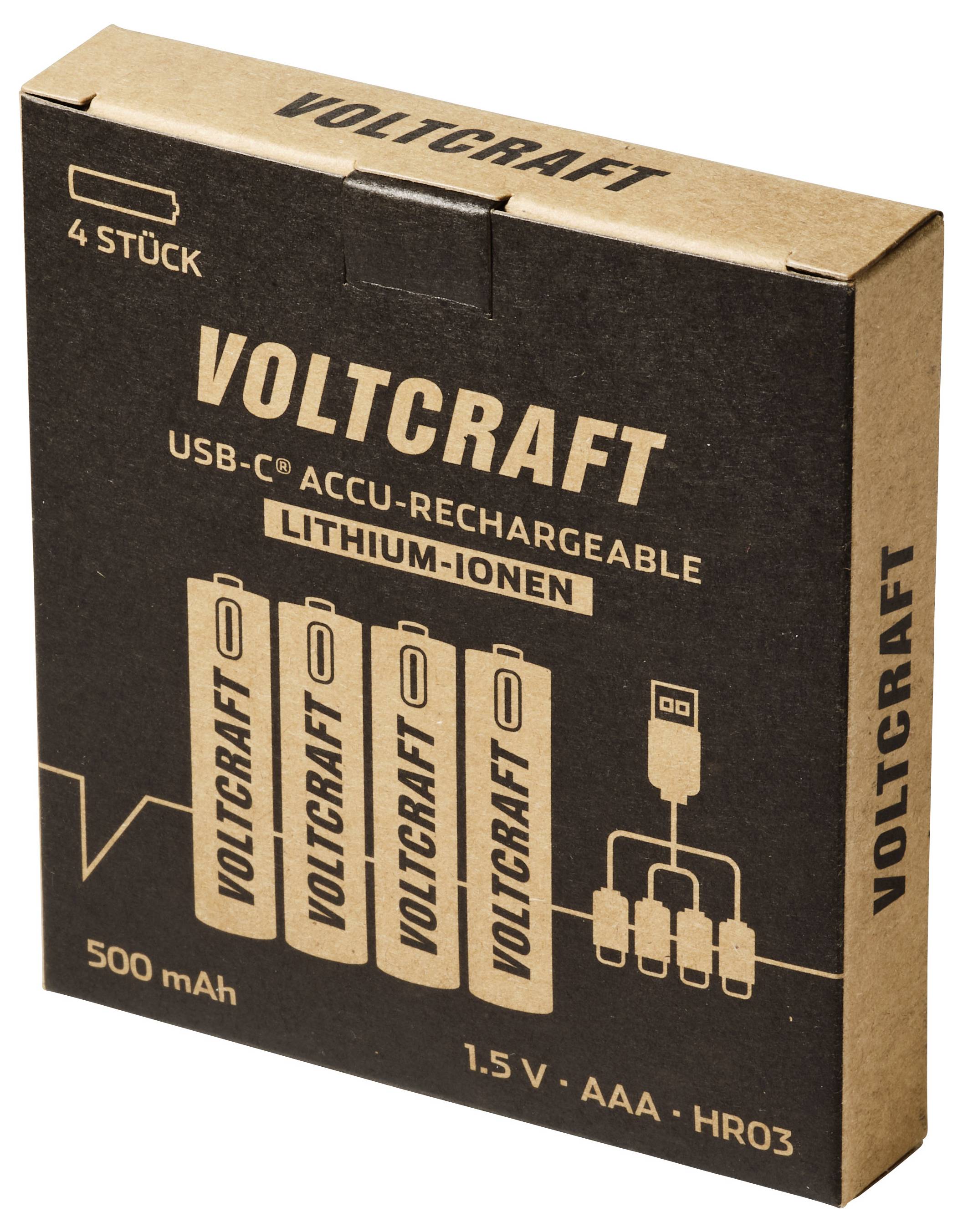 Voltcraft-æske med 4 USB-genopladelige lithium-ion AAA-batterier, mærket 500 mAh og 1,5 V HR03.