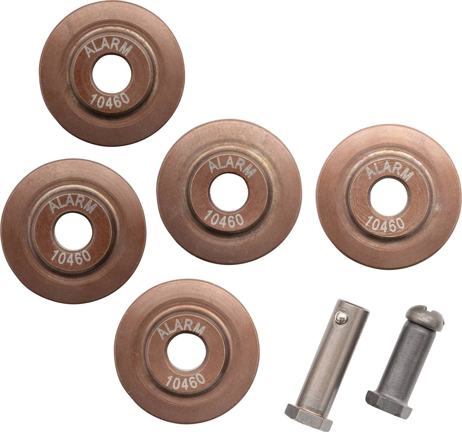 Fem cirkulære bronzestykker mærket 'ALARM 10460' er arrangeret i et mønster. Under dem er to metalliske cylindriske objekter med flade og afrundede toppe.