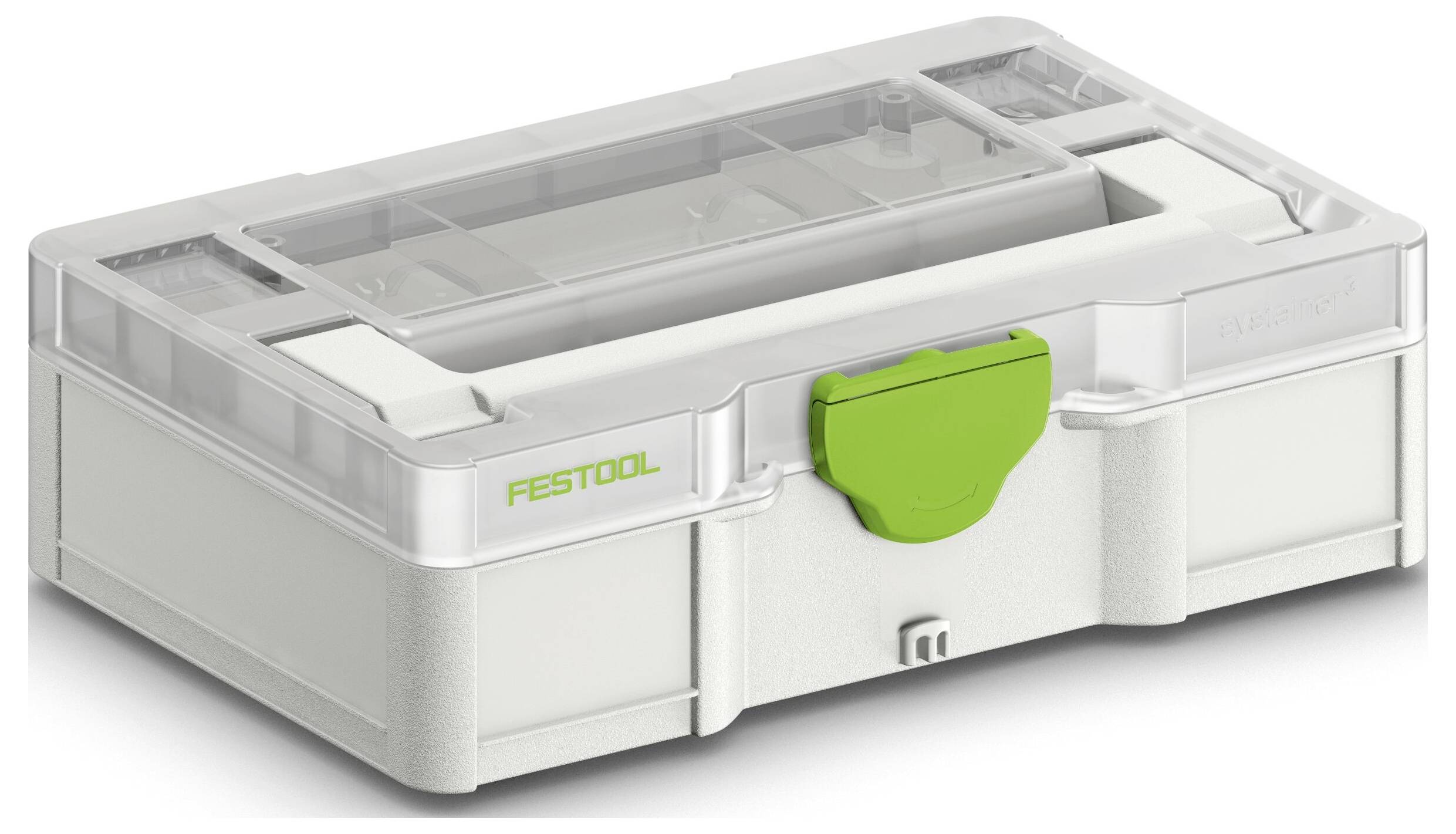 En hvid og grøn Festool opbevaringskasse med et gennemsigtigt låg, designet til organisering og opbevaring af værktøj og tilbehør.