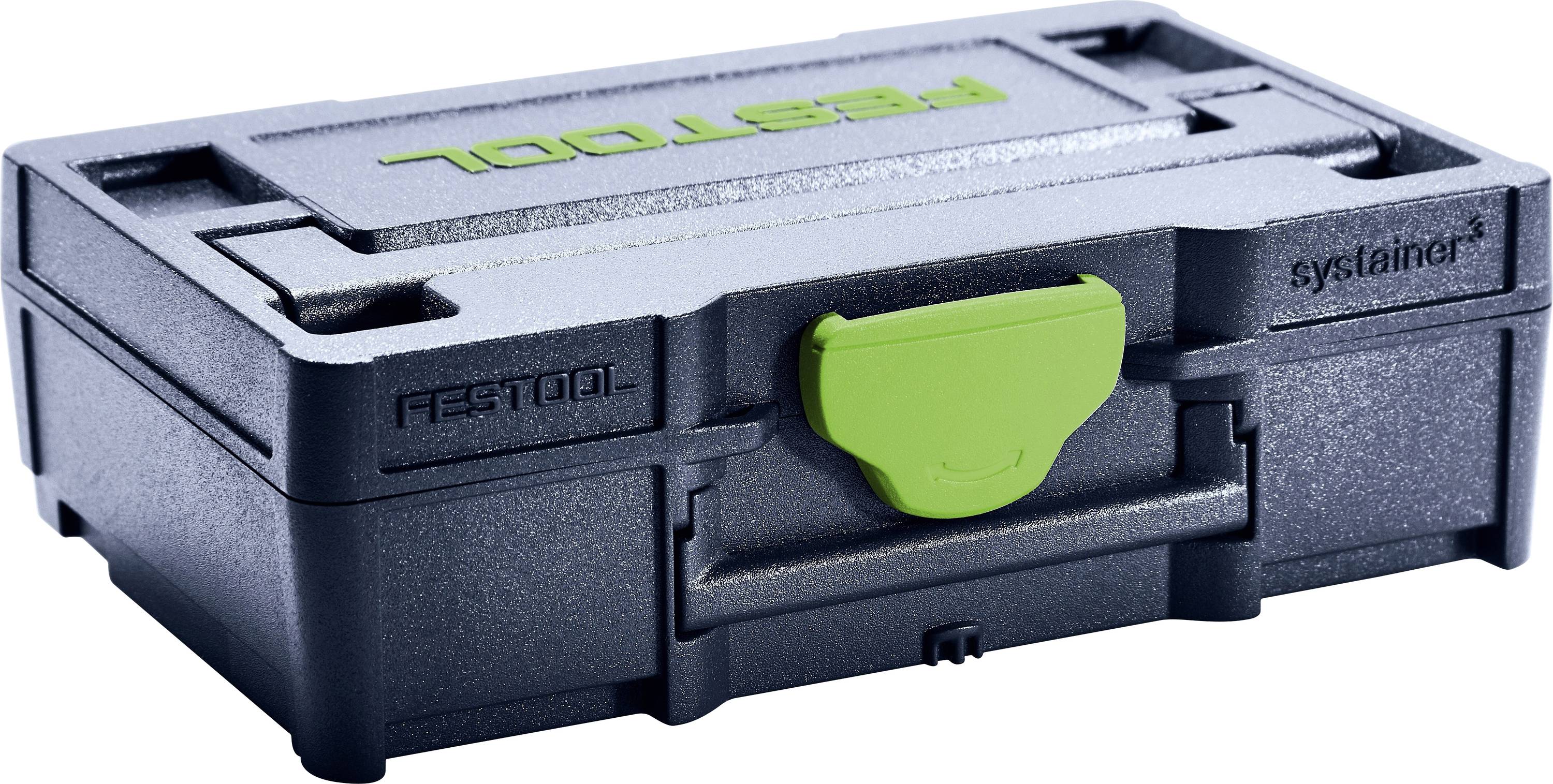 En sort og grøn Festool Systainer opbevaringskasse med håndtag og låse.