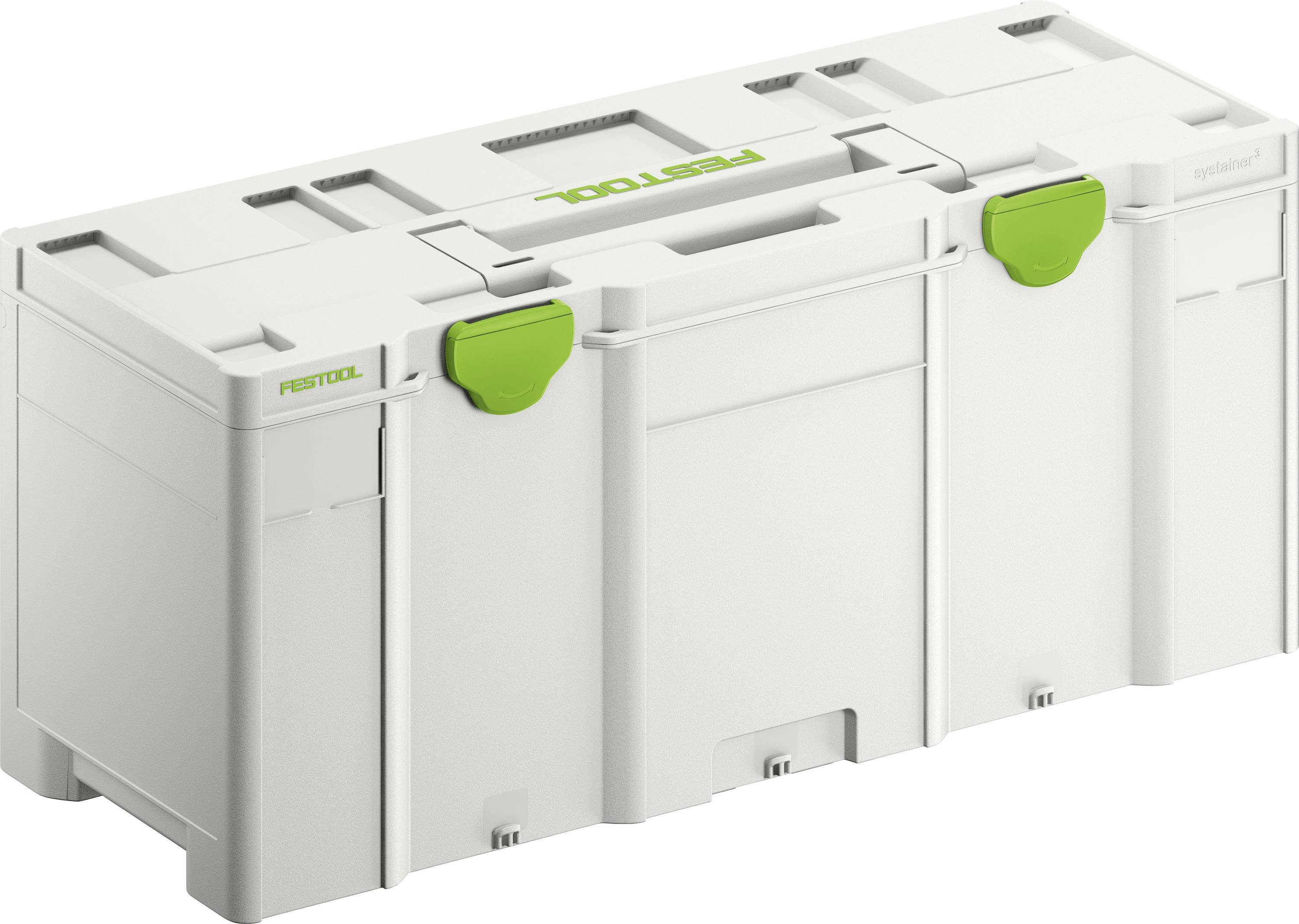 En hvid Festool værktøjskasse med grønne låse og 'FESTOOL' branding på toppen, som bruges til organisering og transport af værktøj.
