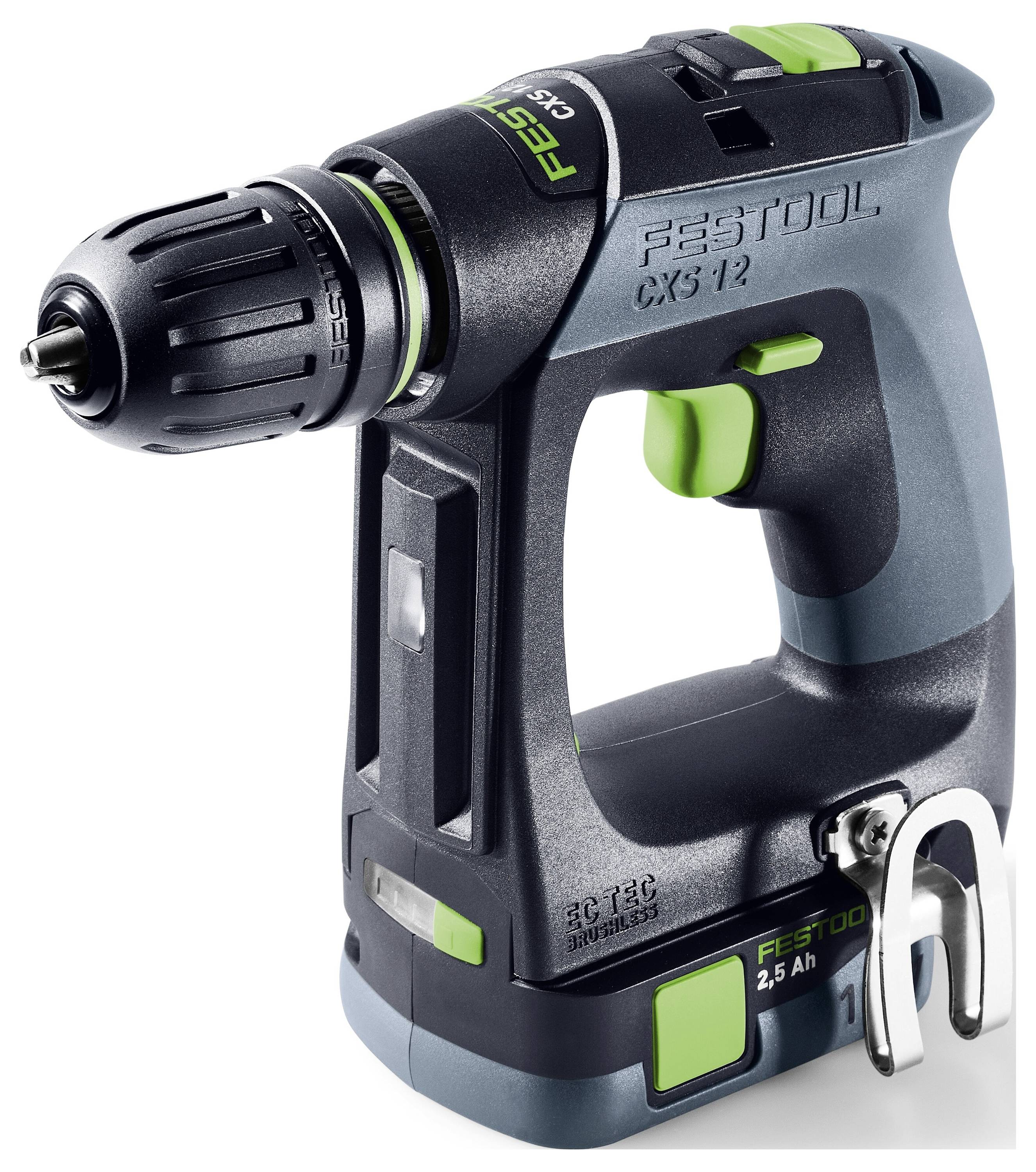 Trådløs boremaskine med ergonomisk håndtag, sorte og grønne detaljer, mærket 'Festool CXS 12', velegnet til præcisionsboropgaver.