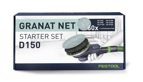 Æske med Festool 'GRANAT NET STARTER SET D150' med slibeskiver, der viser mængder og en hånd der holder en sliber.