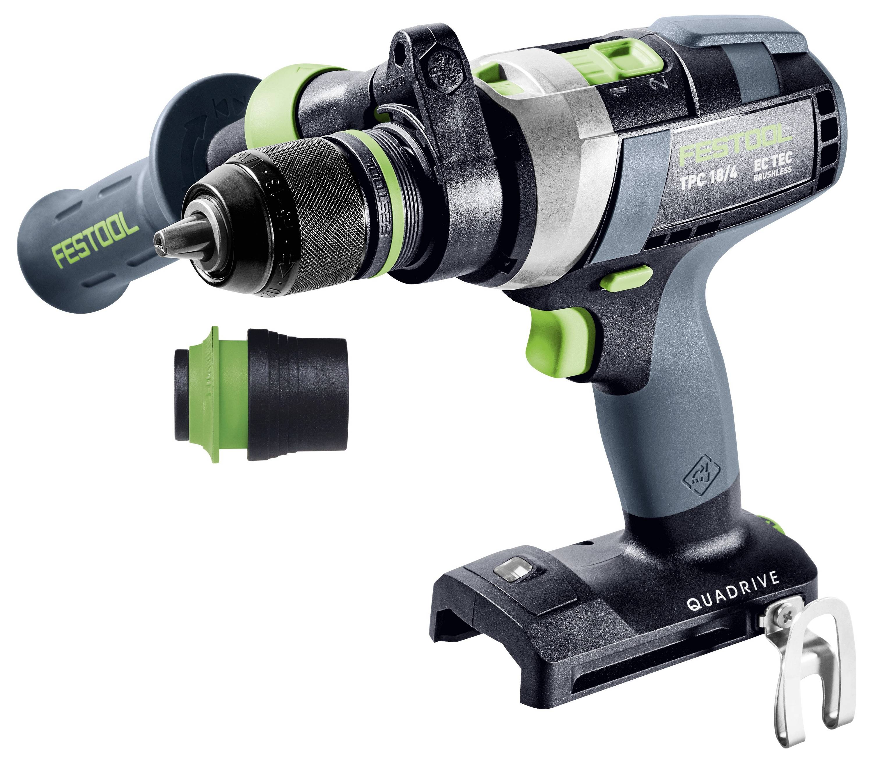 Festool TPC 18/4 akku-boremaskine med udskiftelig chuck og QUADRIVE-system, der viser komponenter og ergonomisk design.