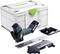 Festool kantbåndssystem med tilbehør, herunder en opbevaringsboks, routerlignende værktøj og styreskinner til præcise træforarbejdningsopgaver.