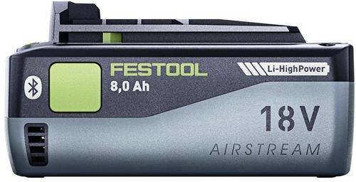 Et blåt og gråt Festool Airstream batteri med 'Li-HighPower', '8,0 Ah' og '18V' etiketter, udstyret med et Bluetooth-symbol.