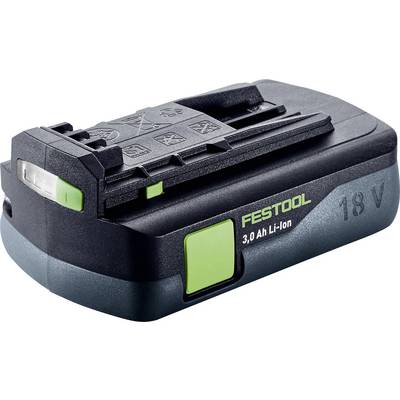 Festool 18V 3.0 Ah Li-ion batteripakke, sort med grønne accenter, designet til elkraftværktøj, der fremviser mærke- og spændingsdetaljer.