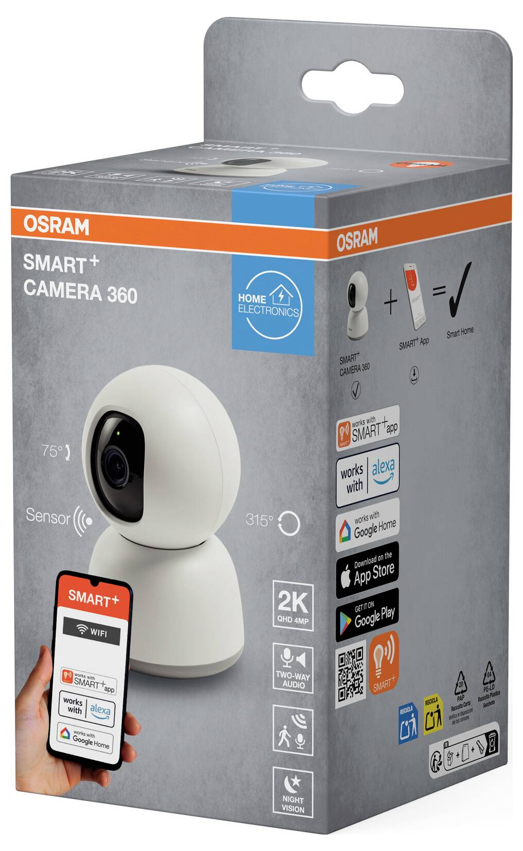 Billedet viser emballage til 'OSRAM Smart+ Kamera 360', et smart hjemmekamera med funktioner som 2K-opløsning, bevægelsessensor og app-kompatibilitet.