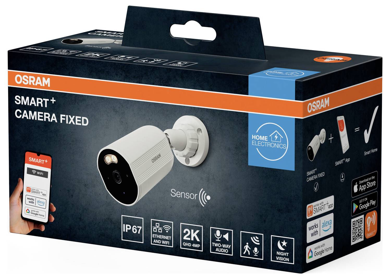 'OSRAM SMART+ Kamera Fast' emballage viser følgende funktioner: IP67, Ethernet/WiFi, 2K video, tovejs-lyd, nattevisning, Alexa/Google kompatibilitet.