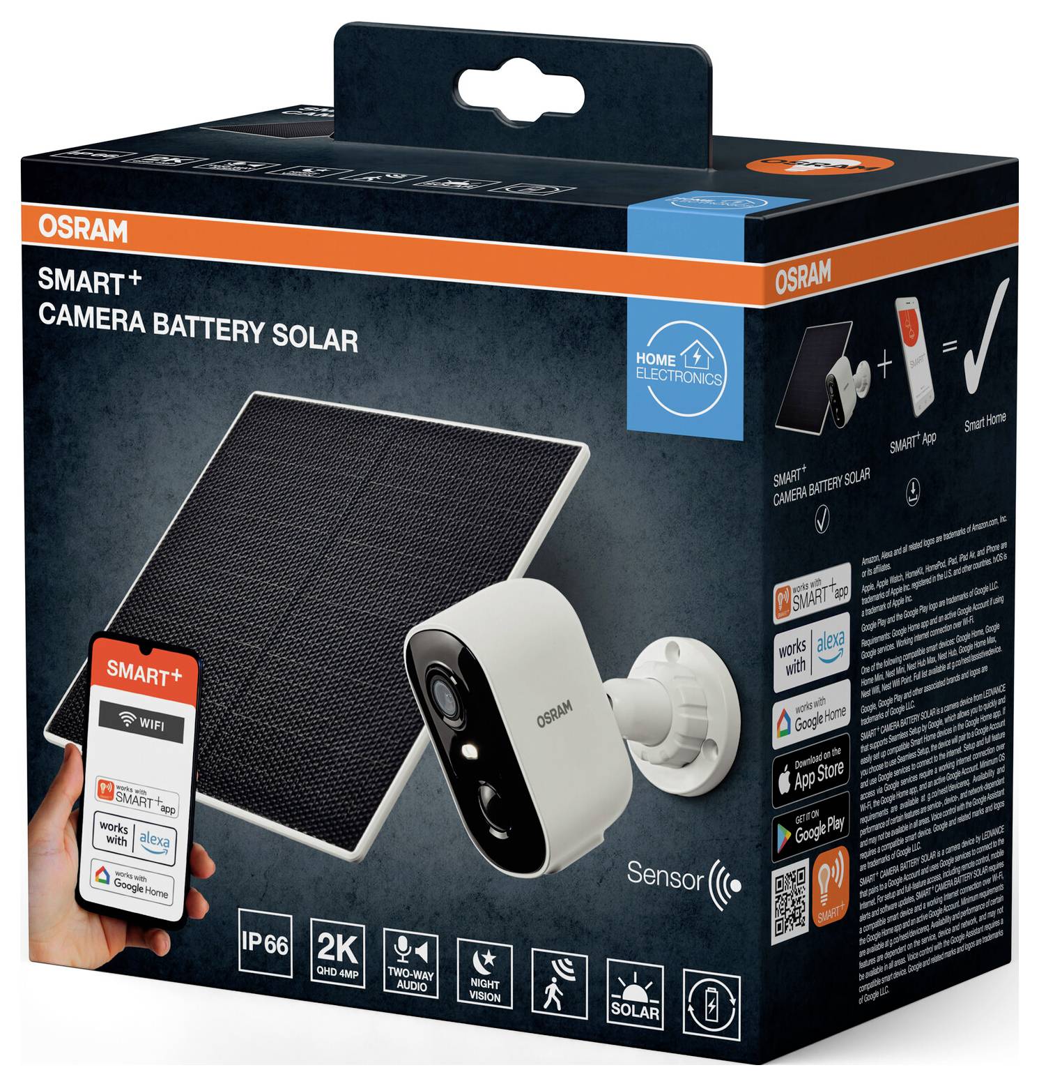 Osram Smart+ solardrevet kamera<br>Pakningsfunktioner:<br>- 2K opløsning<br>- IP66 vandtæt klassificering<br>- Wi-Fi forbindelse<br>- Kompatibel med smarte assistenter
