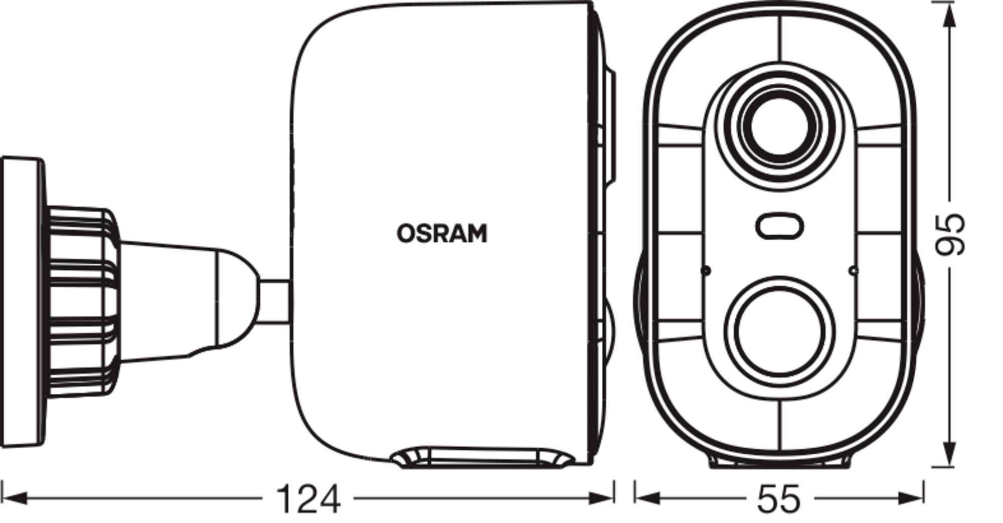 OSRAM kamera teknisk diagram, der viser for- og sidevisninger med mål: 124 mm bred, 95 mm høj, 55 mm dybde.