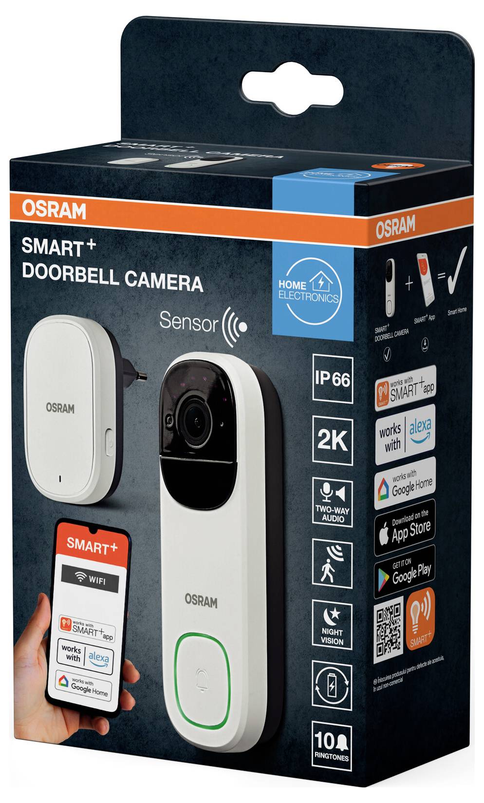 En æske viser 'OSRAM SMART+ Dørklokke Kamera' med billeder af produktet, funktioner som 2K opløsning og kompatibilitet med smart home systemer.