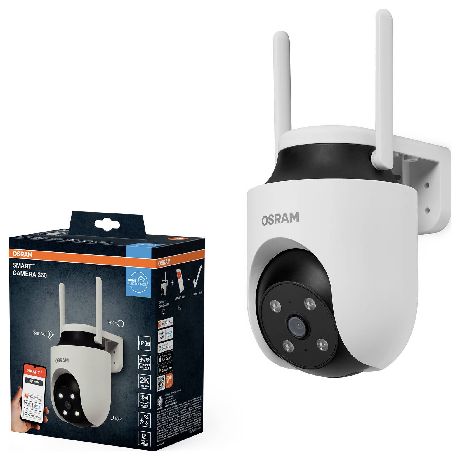 Et sikkerhedskamera med to antennear monteret på en væg, ved siden af dets emballage, der viser mærket 'OSRAM' og modellen 'Smart Camera 360'.