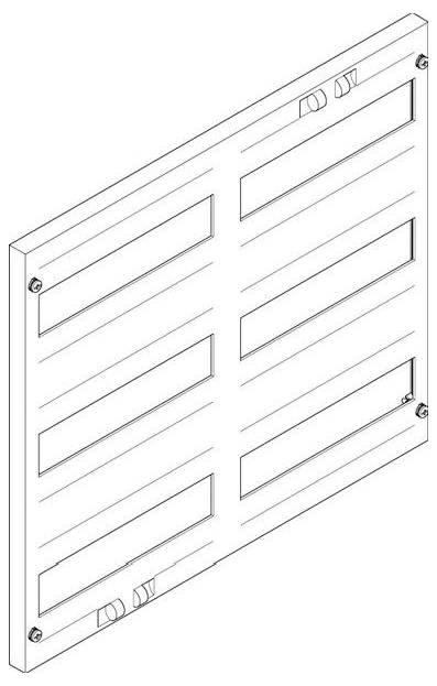 Et 3D-skematisk diagram af et gitteragtigt metalpanel med en serie af rektangulære åbninger og sikre fastgørelsespunkter i hjørnerne.