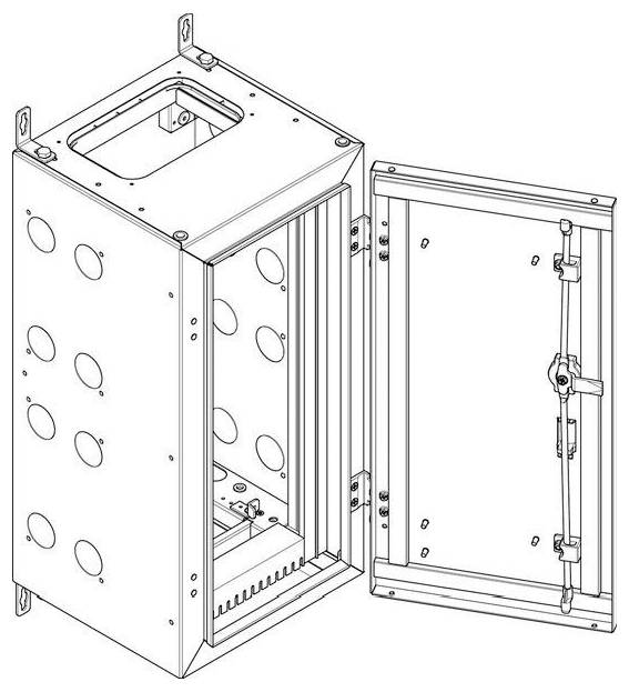 Åben elektrisk skabsdiagram, der viser sidevisning med cirkulære udskæringer og interiør layout til lednings- og komponentinstallation.