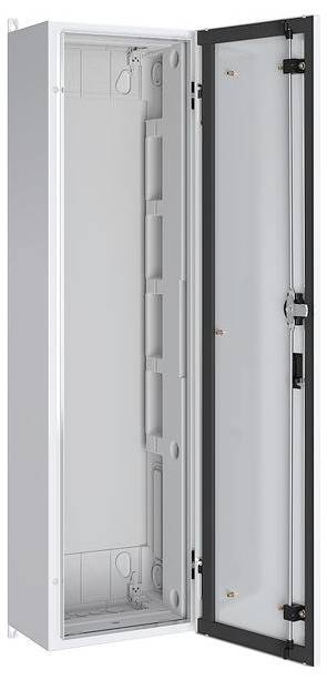 Et åbent elektrisk fordelingspanel med en elegant, metallisk finish, der viser indvendige rum og pladser til kredsløbskomponenter.