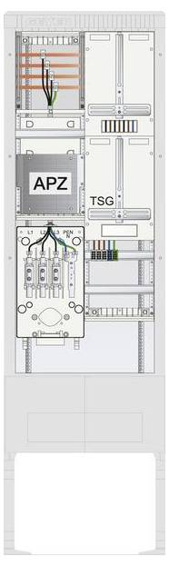 Diagram over et telekommunikationsudstyr-rack med mærkede komponenter: 'APZ' og 'TSG'. Ledninger og kredsløb illustrerer forbindelserne.