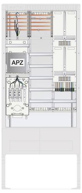 En teknisk diagram over et serverrack med mærkede komponenter, herunder 'APZ', ledningsføring og kredsløbselementer til datacenter-opsætning.