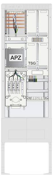 'APZ' og 'TSG' mærkede rum i et serverrack med synlige ledninger og forbindelser, som viser en teknisk infrastrukturlayout.