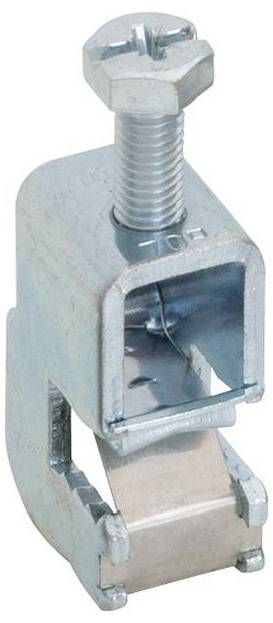 En metalbeslag med gevindbolt og glat finish, designet til at fastgøre objekter på bærende bjælker inden for byggeri og elektriske installationer.