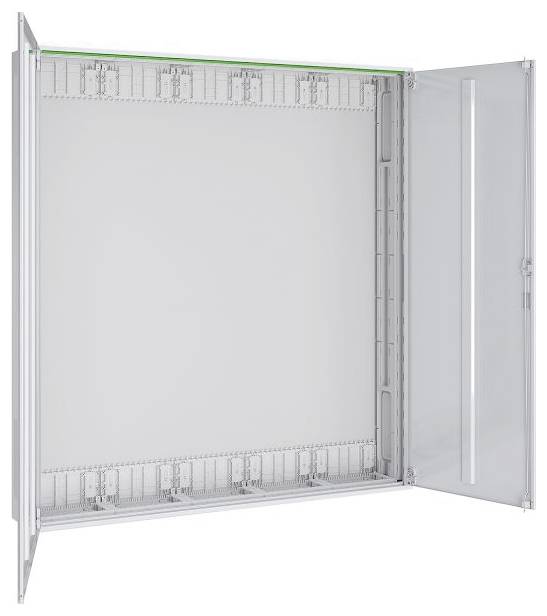 Et åbent elektrisk panel med et moderne design, udstyret med et tomt indre og en hængslet dør, egnet til tilpasning af elektriske installationer.