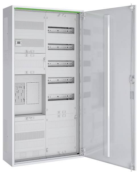 Et åbent serverrack, der viser flere monterede netværksenheder, herunder routere og switche, med en transparent dør på siden.