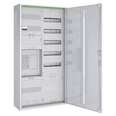 Et åbent elektrisk kontrolpanel med flere sikringsautomater og mærkede komponenter, monteret i en metalinddækning.