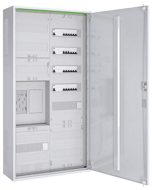 Et åbent elektrisk panel, der viser forskellige afbrydere og sikringskredse, hvilket indikerer dets anvendelse til styring af elektriske forbindelser.