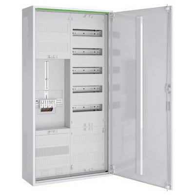 Et åbent elektrisk panel, der viser flere sikringskredse og ledningsføring indvendigt, med en transparent dør på højre side.