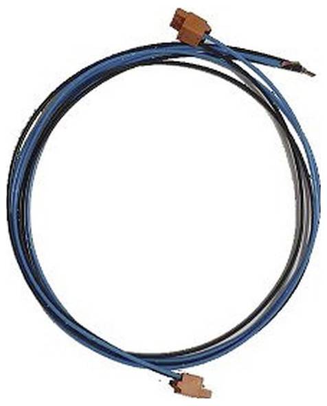 Et snoet blåt og sort kabel med brune stik i hver ende.