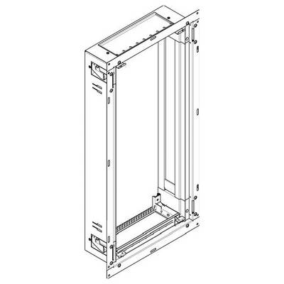 Diagram af en rektangulær metalramme med beslag og fittings, muligvis til et serverrack eller et kabinet, vist fra en let skrå sidevinkel.