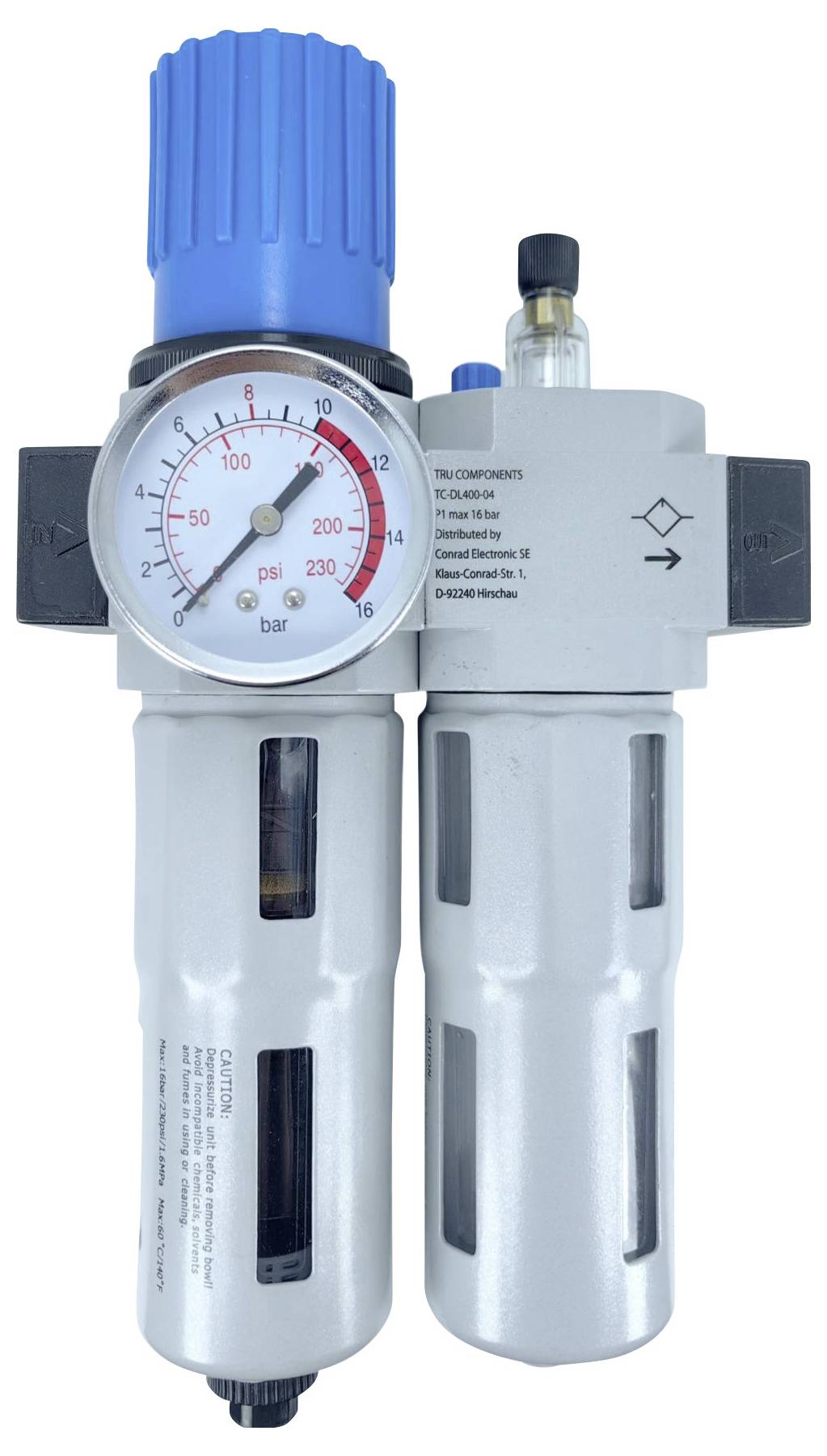 En pneumatisk luftregulator med trykmanometer og filter, som viser en aflæsning på ca. 110 psi. Blå justeringsknap øverst.