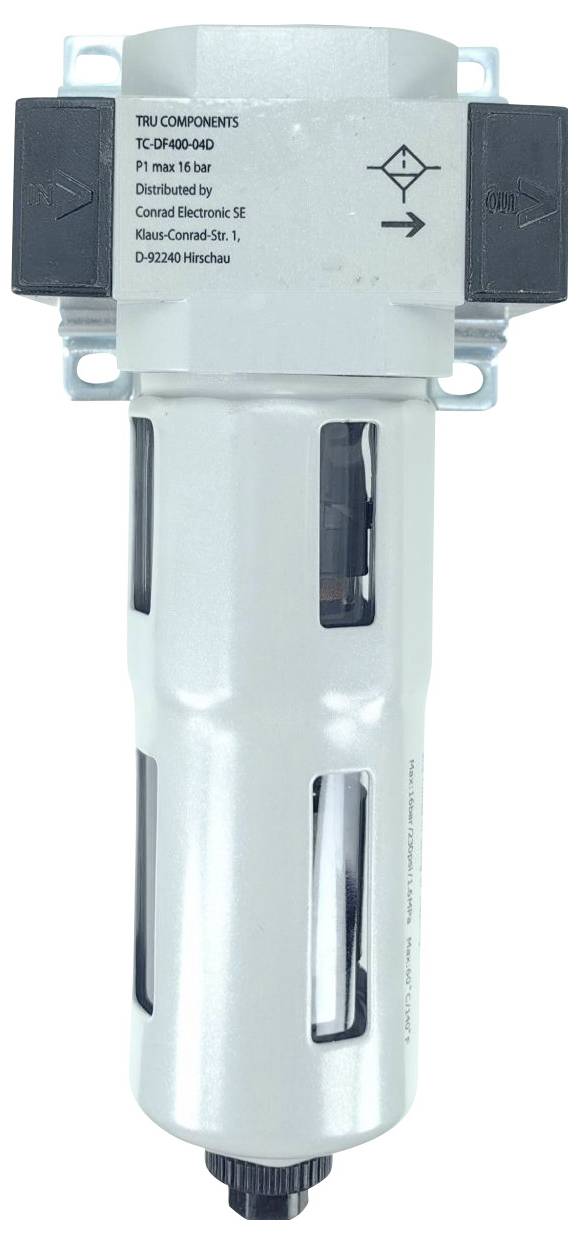 En cylindrisk luftfilterkomponent med påtrykte retningspile og varemærket 'TRU Components', designet til pneumatiske systemer.