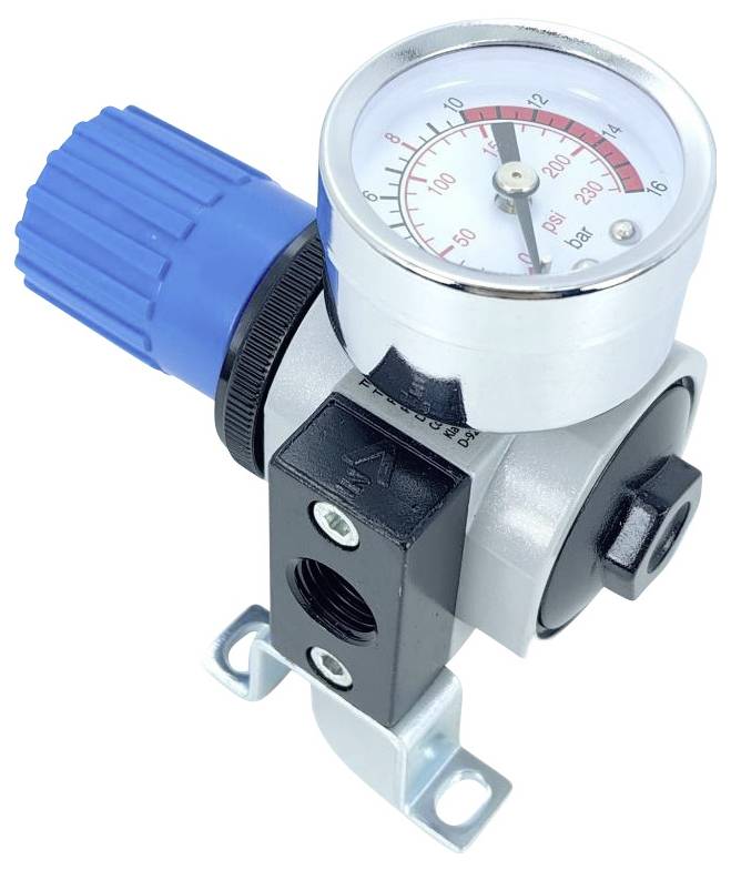Lufttrykregulator med måler, der viser trykområde fra 0 til 250 psi, forsynet med et blåt kontrolknap og monteringsbeslag.