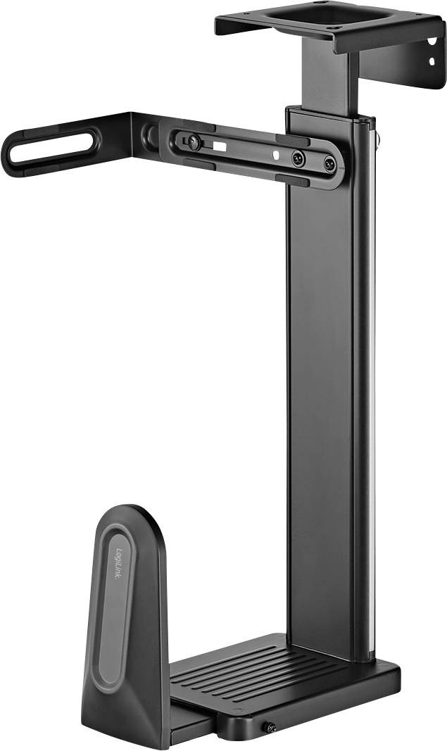 En sort justerbar PC-holderstander med en flad base og en lodret arm til understøttelse af en computertårn, designet til montering under skrivebordet.