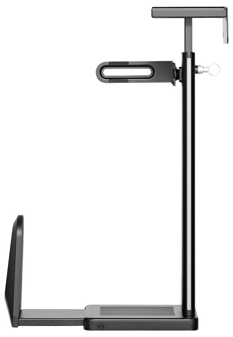 Sidevisning af en moderne, elegant, sort vertikal laptopstander med justerbare funktioner, designet til sikkert at holde en bærbar computer lodret.