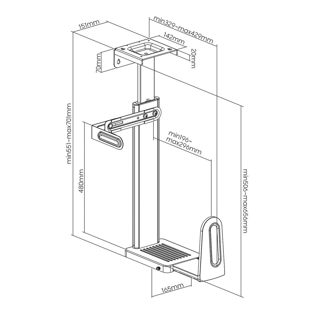 Teknisk diagram af en vægmonteret beslag med dimensioner; viser bredde-, højde- og dybdeintervaller, herunder 151 mm bredde og 480 mm højde.