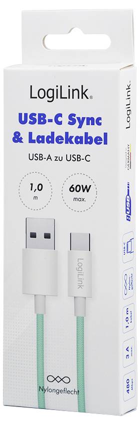 En æske med LogiLink USB-C Sync- og Opladningskabel, USB-A til USB-C, 1,0 meter lang, maks. 60W.