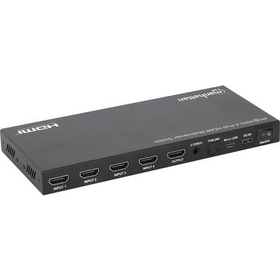 Manhattan HDMI-switch med 4 indgange, 1 udgang, TOSLINK, stereo og micro USB. Sort enhed med mærkede porte.