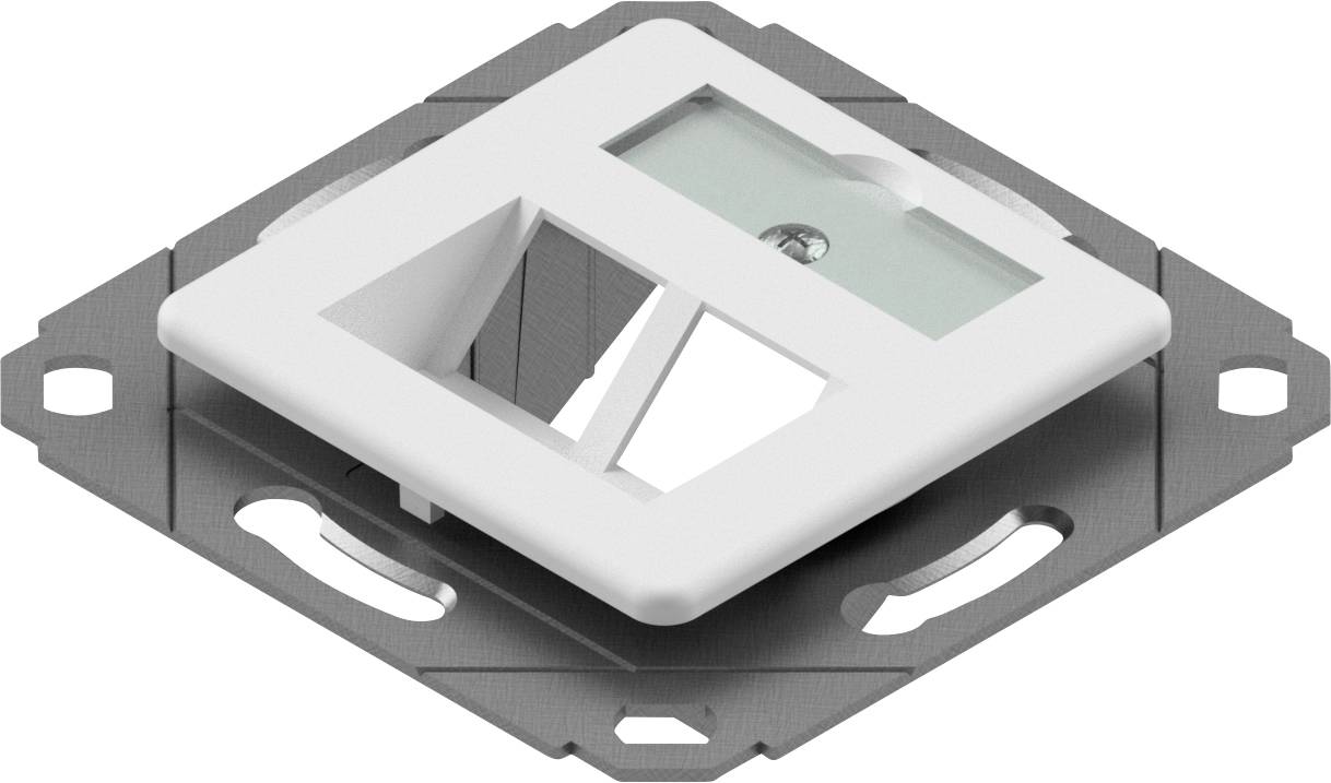 En hvid elektrisk vægstikdåse med frontplade, der har en rektangulær åbning og diagonal understøtning, monteret på en firkantet base med hjørnehuller.