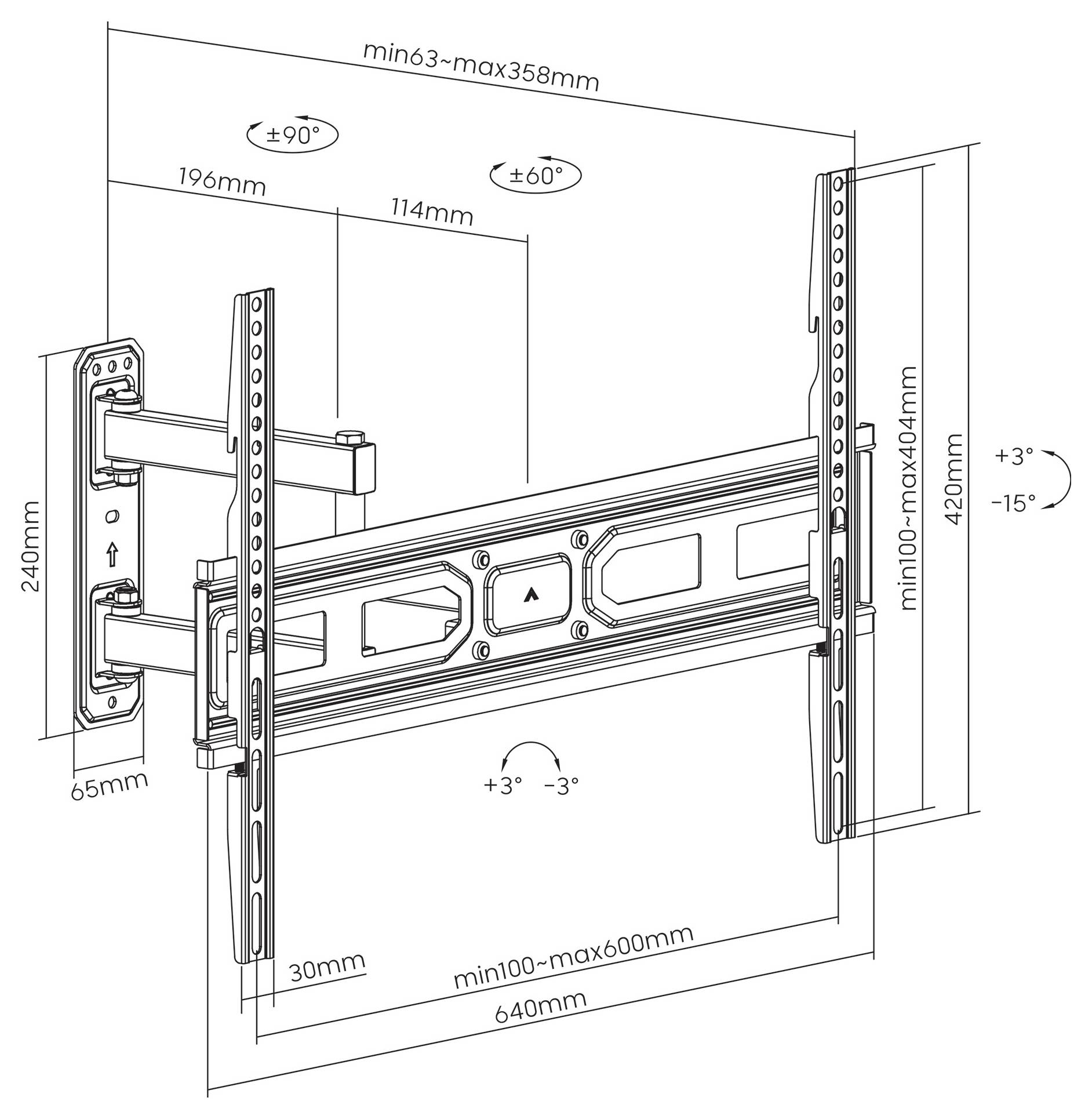 Vægbeslag-diagram med mål: bredde 640 mm, dybde justerbar 63-358 mm, lodret montering 200-400 mm, vandret montering 100-600 mm.