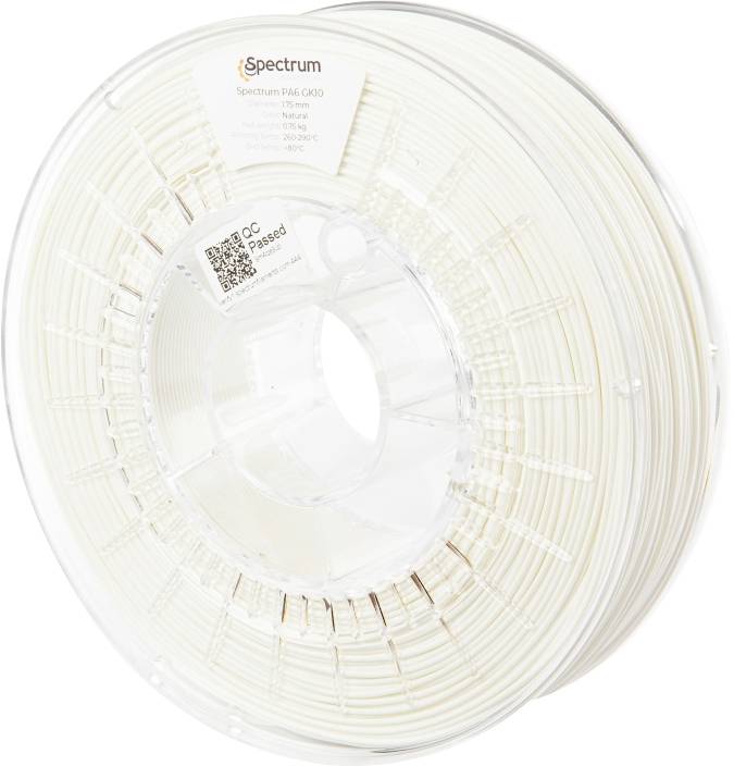 En rulle 'Spectrum PA6 G0' 3D-printerfilament i naturlig farve, hvor produktoplysninger som diameter, printtemperatur og vægt er synlige.