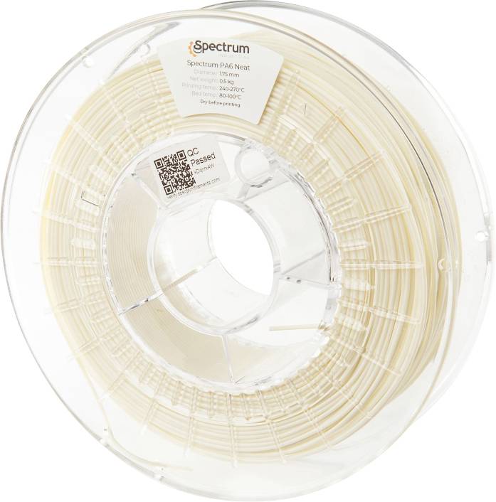 En spoler Spectrum PA6 Neat filament med en QR-kode og kvalitetskontrol-mærkat, brugt til 3D-print.