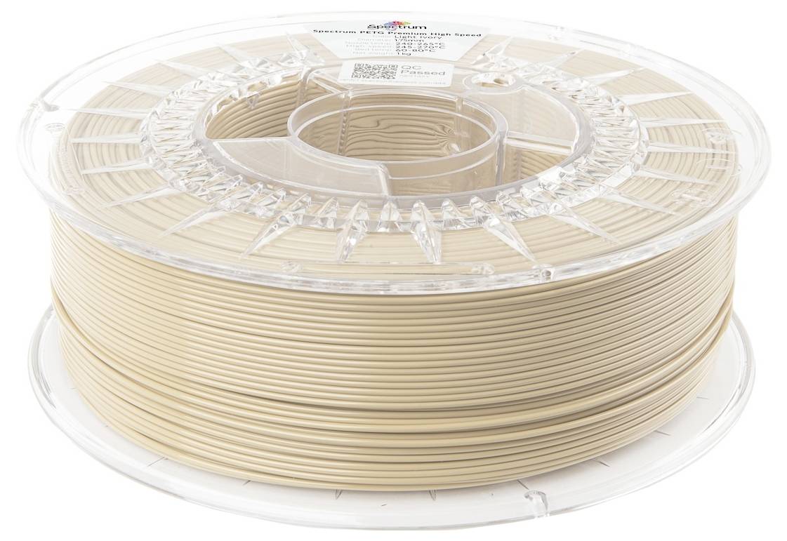En spole med beige 3D-printningsfilament, pænt oprullet. Bruges til 3D-printere til at skabe forskellige objekter og dele.