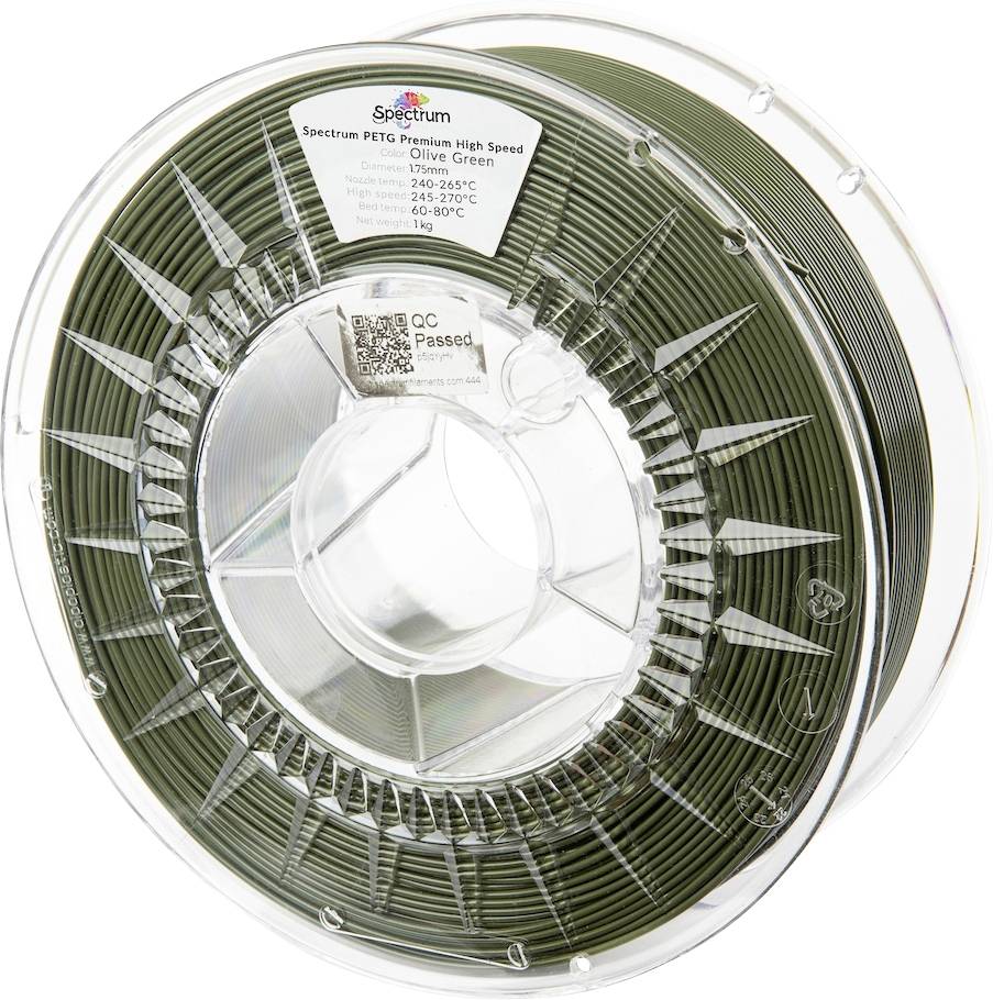 En klar spoole med olivengrøn filament mærket 'Spectrum PETG Premium High Speed', der angiver optimale printtemperaturer og specifikationer.
