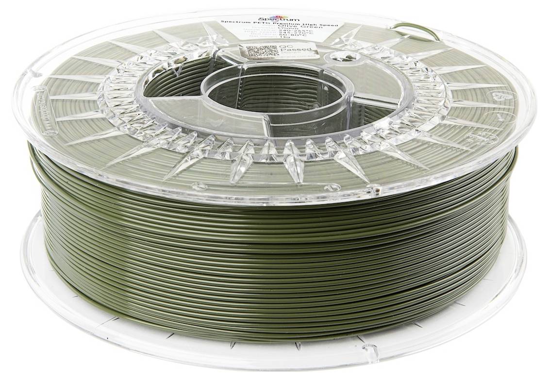 En spole med militærgrøn 3D-printerfilament, mærket 'Polymaker PolyLite PLA', med en diameter på ca. 1,75 mm, pænt oprullet på spolen.