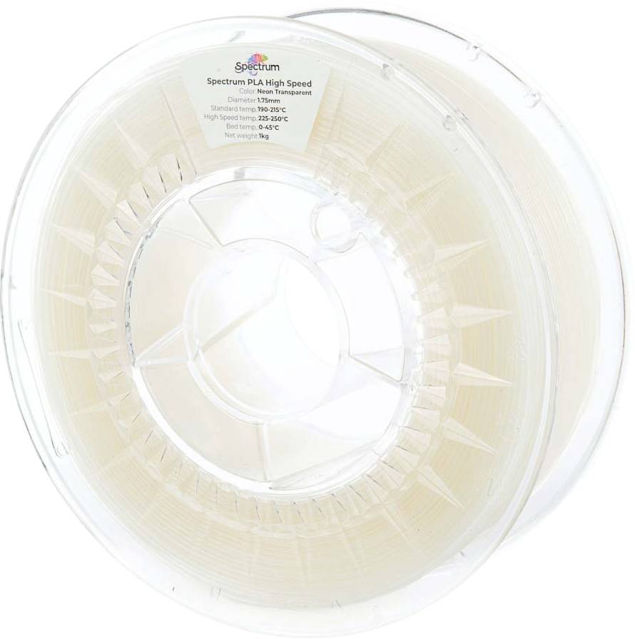 En klar spoler med beige Spectrum PLA High Speed 3D printningsfilament, mærket med specifikationer inklusive diameter, tolerance og vægt.